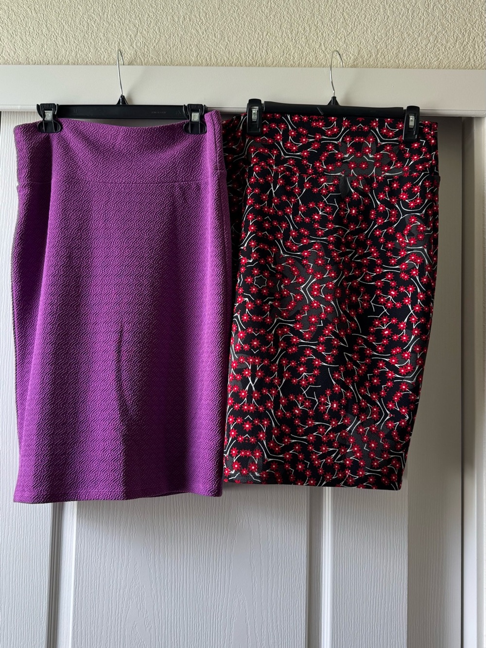 LuLaRoe Purple Textured Pencil Skirt and Black Red Floral Pencil Skirt Duo